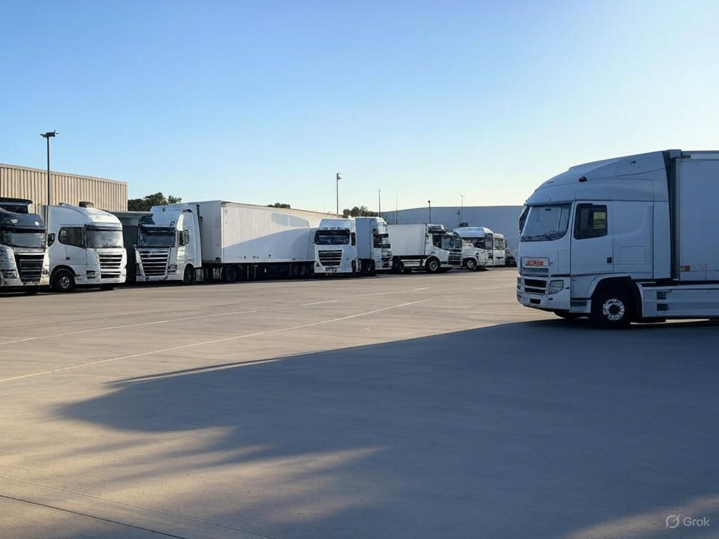 Several white semi-trucks parked in a line at a truck driving training facility under a clear blue sky